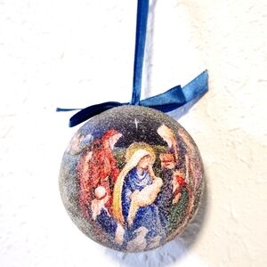 Nativity Blue Christmas Ball Ornaments Sugar Coated Frosted Mary Baby Jesus